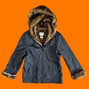 00's vintage swishy faux fur hooded jacket y2k coat MEDIUM white stag